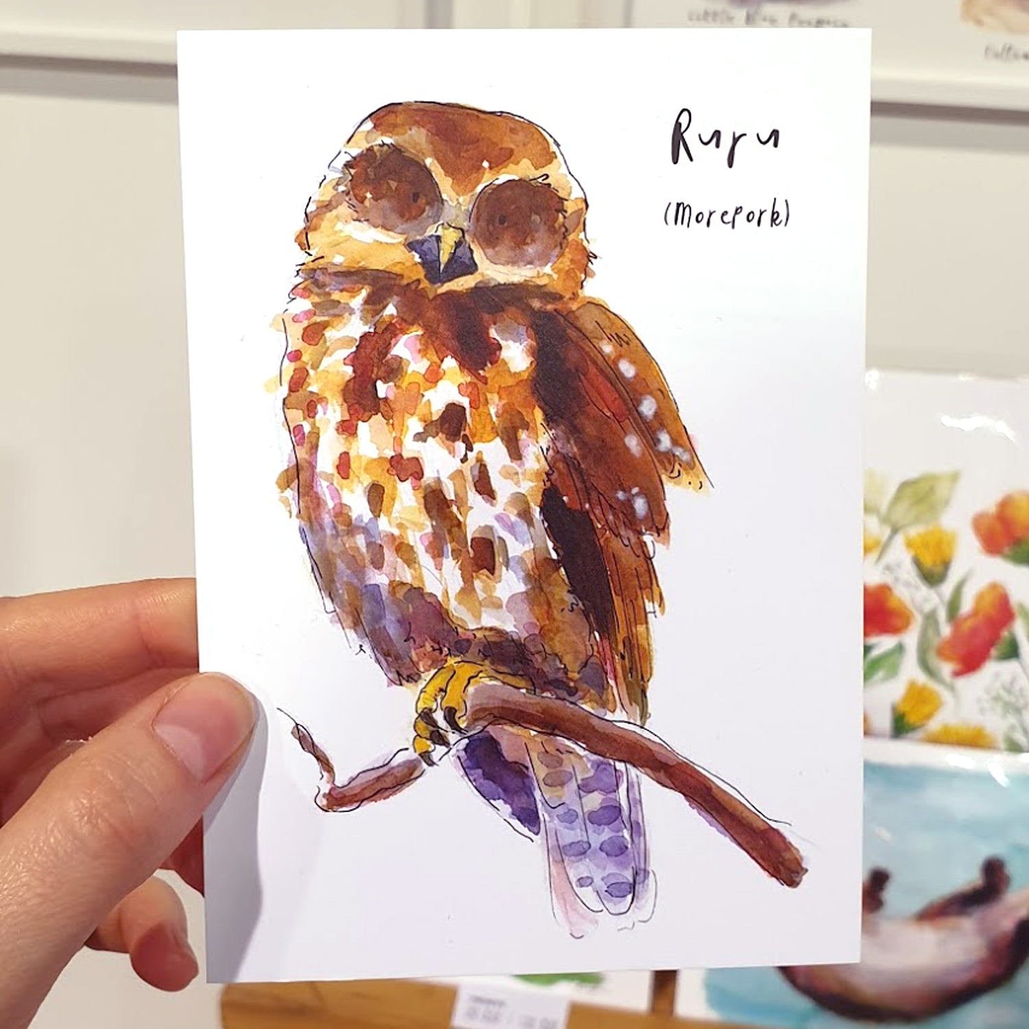 Ruru (Morepork) - postcard - Raewyn Pope Illustration