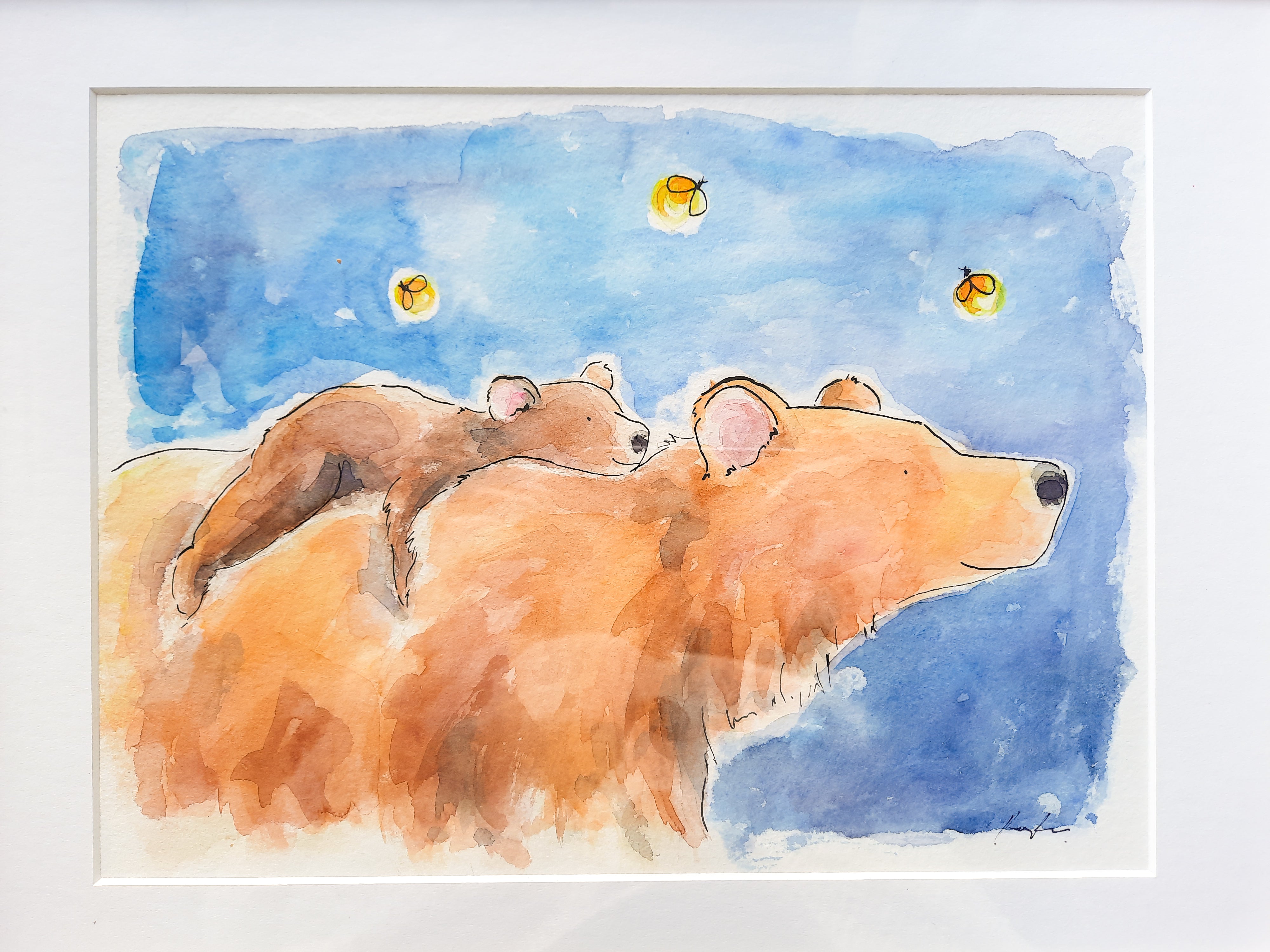 Bears & Fireflies Original Painting - FRAMED