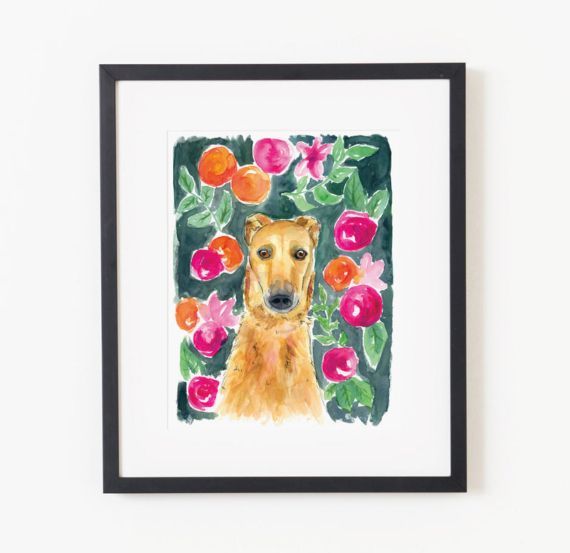 Whippet in the flowers - Raewyn Pope Illustration